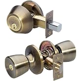 Master Lock Keyed Entry Door Lock, Single Cylinder Deadbolt with Matching Tulip Style Knob, Antique Brass, TUCO0605,Combo