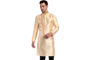 SKAVIJ Men's Art Silk Woven Design Long Kurta Mandarin Collar Straight Shirt