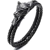Stainless Steel Mens Wolf Head Bracelet with Genuine Braided Leather