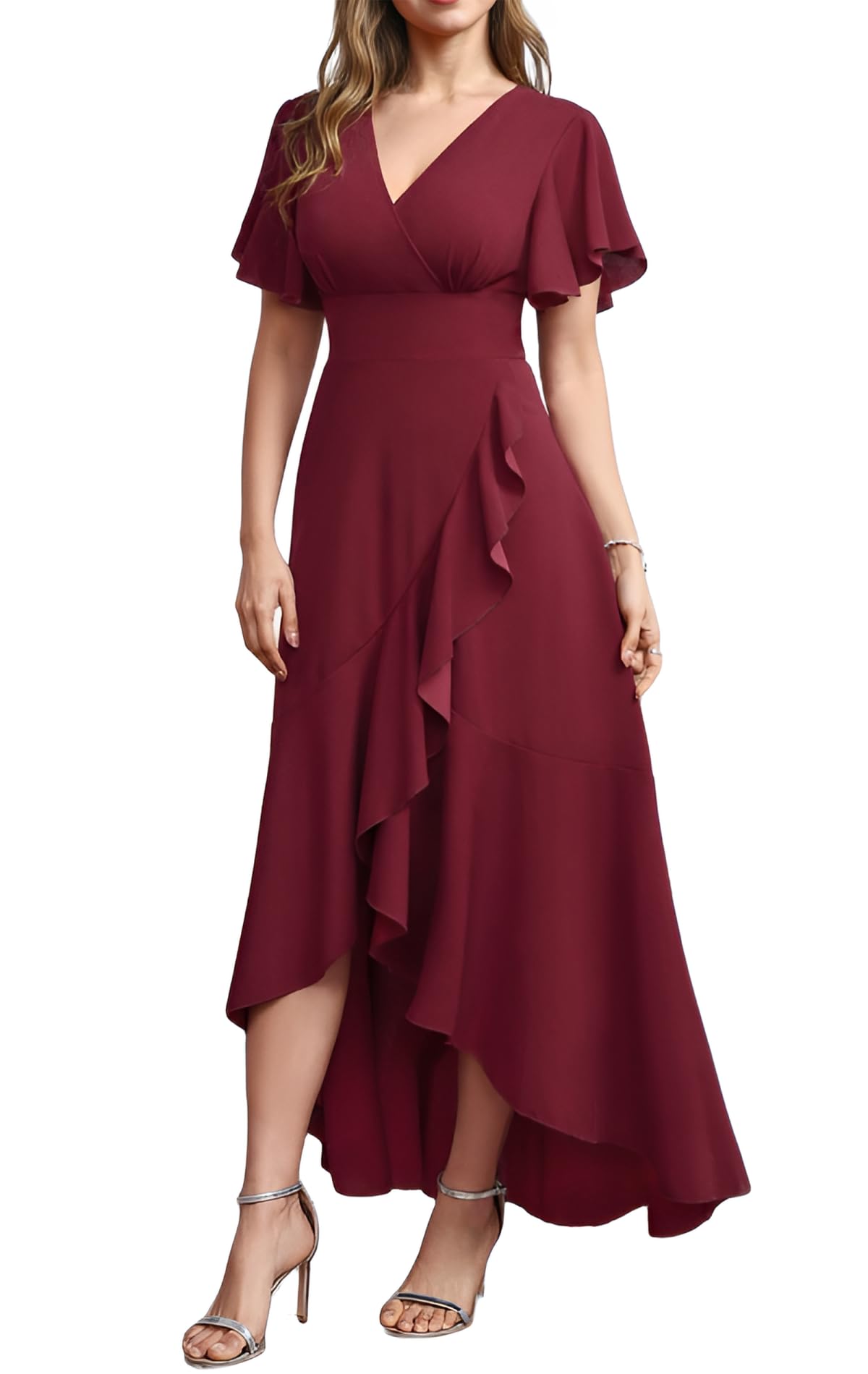 Photo 1 of Women's Long Formal Dress Elegant V Neck Wrap Ruffle Wedding Guest Dresses Split Cocktail Evening Party Prom Gown Burgundy M