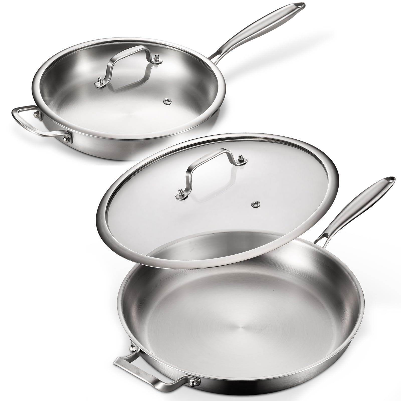 Photo 1 of DELARLO 2-Piece Stainless Steel Pan 12-inch & 14-Inch, Frying Pan with Lid, Heavy Duty, Compatible with Induction, Electric up to 650?, Fast & Even Heating, Durable, Dishwasher, Oven Safe Skillet