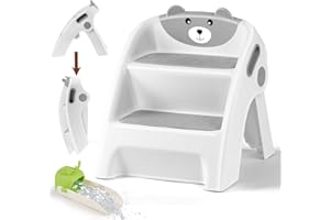 Noonkty Toddler Step Stool,Two Step Stool for Potty Training，Non-Slip Step Stool for Toddlers,Plastic Kids Step Stool for Bathroom Sink,Foldable Step Stool for Kids, Stepping Stool with Handle Grey