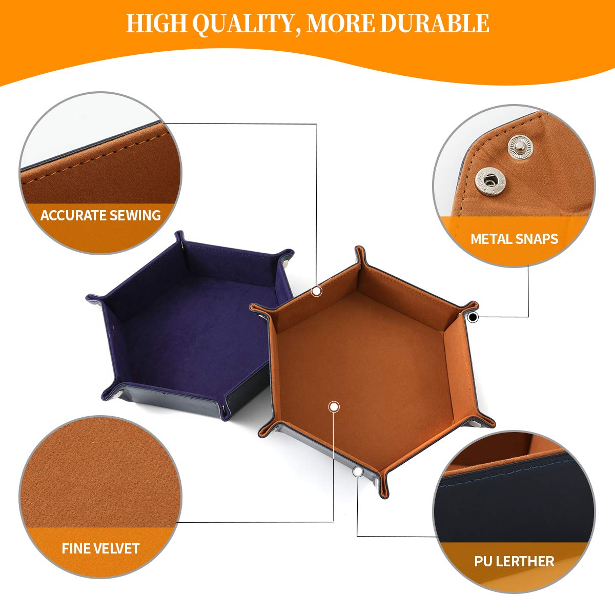 2 Pcs Portable Folding Dice Rolling Tray Set for RPG DND Table Games - PU Leather and Velvet Holder Storage Box - Navy Blue and Camel