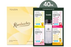 TEAZEN Kombucha Tea Gift Set, Variety Pack, Hydration Drink Mix, Sugar Free, Live Probiotics & Prebiotics, 40 Sticks, 7.05oz (Lemon, Berry, Citron, Peach)