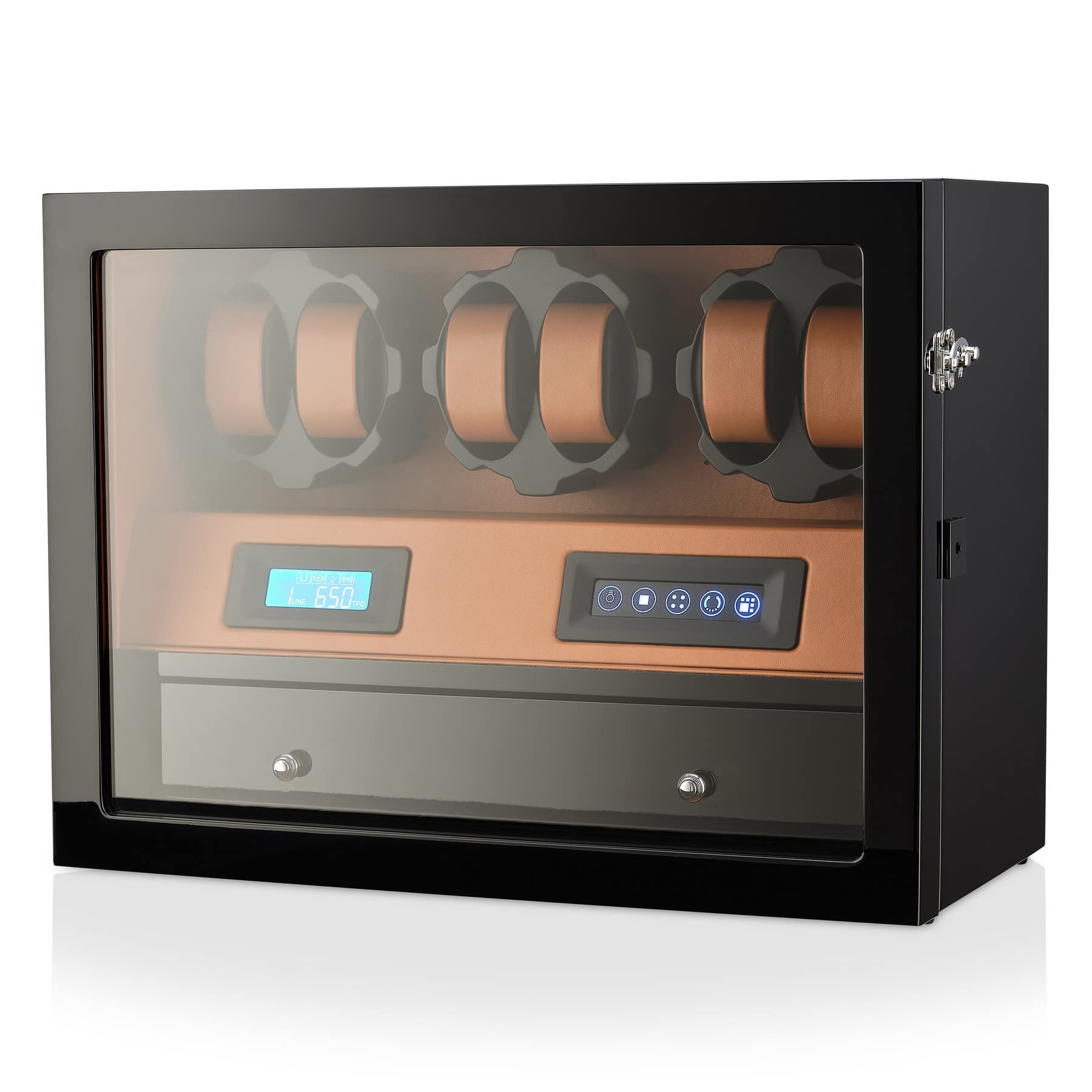 6 Watch Winder with Jewelry Storage Drawer, LCD Display, Touch Control and Interior Backlight