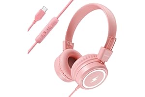 Bywulanda Kids Headphones with LED Lights for School, Upgrade USB Type C Kid Headphone with Microphone, Volume Limiter 85/94dB, Wired On Ear Headphones for Boys/Girls/Tablet/Travel -Pink