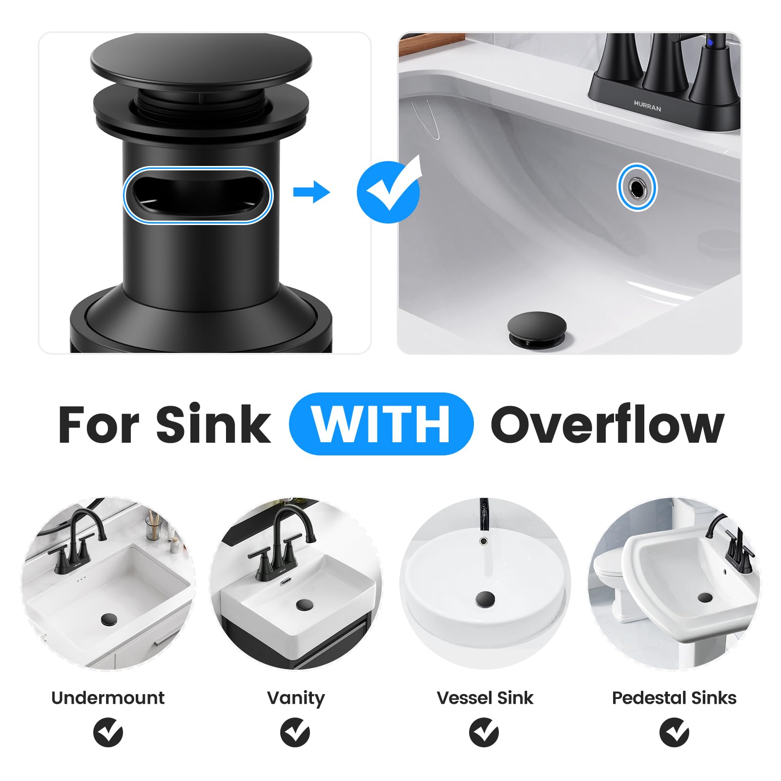 Bathroom Sink Drain with Overflow, Hurran Matte Black Bathroom Sink Stopper for Bathroom Vanity Vessel Sink, Rapid Draining Plastic Pop-up Sink Drain with Hair Catcher Anti-Clog Strainer