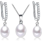 HENGSHENG Pearl Jewelry Set For Women Pearl Pendant Necklace & Pearl Earrings with Sparkling Rhinestones 925 Sterling Silver Freshwater Pearl Drop Jewelry Set for Wedding Prom Gift