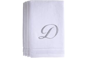 CREATIVE SCENTS Monogrammed Towels Fingertip, Personalized Gift, 11 x 18 Inches - Set of 4- Silver Embroidered Towel - Extra Absorbent 100% Cotton- Soft Velour Finish - For Bathroom/ Kitchen/ Spa- Initial D (White)