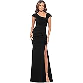 Xscape Women's Asymmetrical Neck Cap Sleeve Ruched High Slit Gown, Black, 4