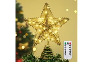 Raxurt Christmas Tree Topper, 40 LED USB Gold Star Topper with Remote Control, 10IN
