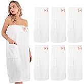 AUECOOME 6 Pcs Spa Robe Bath wrap Towels for Women Waffle Spa Wraps with Pocket Adjustable Closure Lightweight Towel Wraps for Bath Shower (White, Medium)