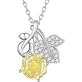 Aurora Tears Birthstone Rose Pendant Necklace - 925 Sterling Silver Rose Cut Cubic Zirconia Flower Leaf Necklace Anniversary Birthday Jewelry Gift for Women Wife Mom Daughter