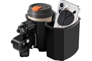 2-in-1Stroller Cup Holder with Phone Holder, 360° Rotatable Strong Clip, Large Storage Box for Stroller, Wheelchair, Walker