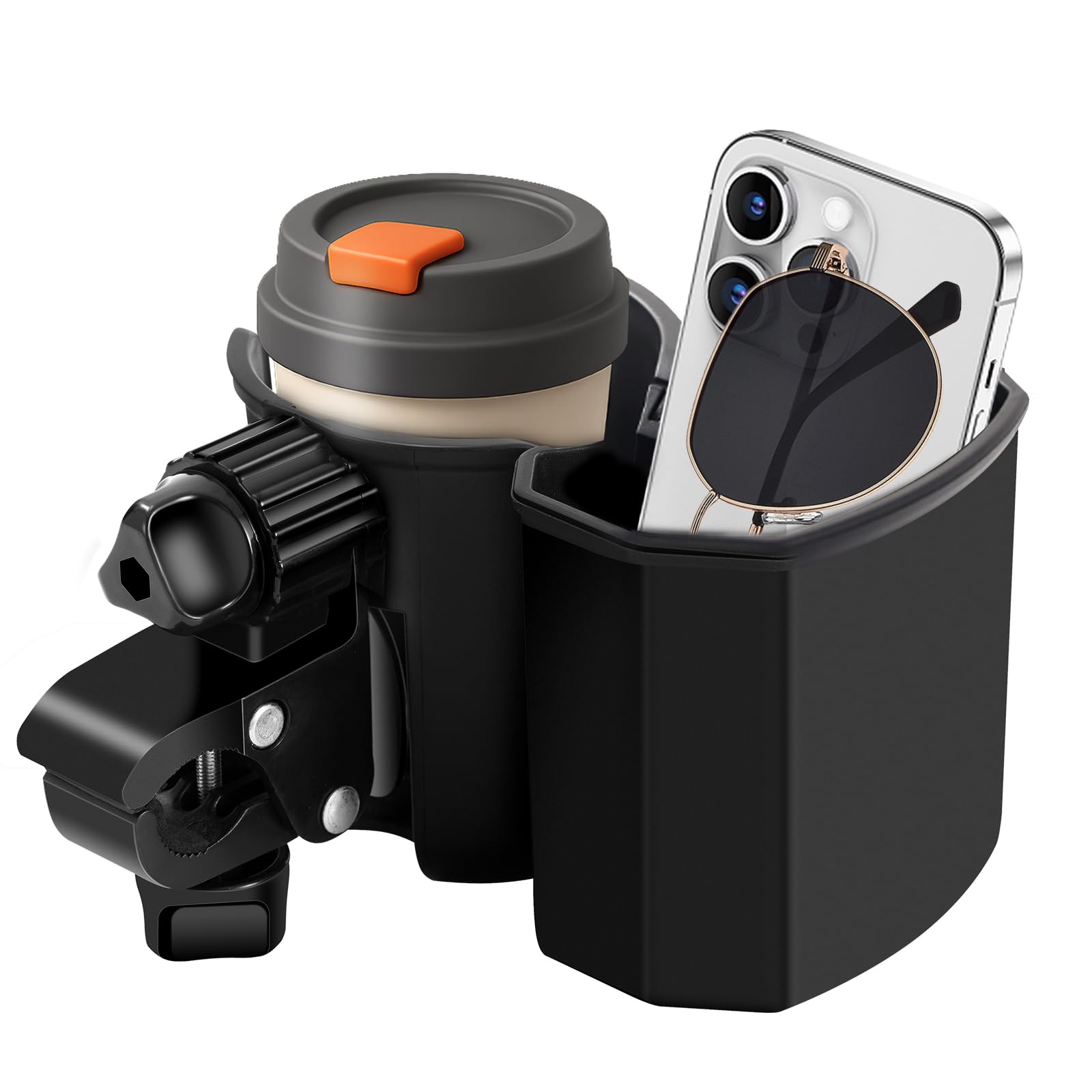 Photo 1 of 2-in-1Stroller Cup Holder with Phone Holder, 360° Rotatable Strong Clip, Large Storage Box for Stroller, Wheelchair, Walker