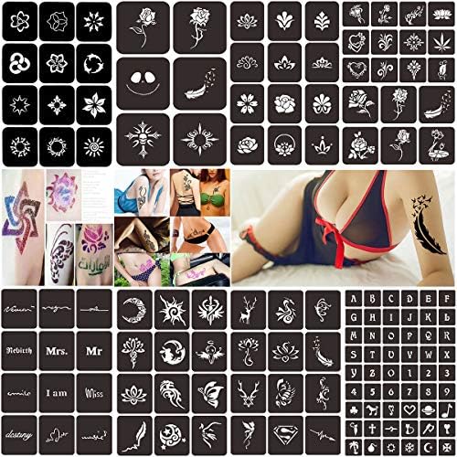 Glitter Tattoos Stencils,Temporary Henna Tattoo cones Stencils,Airbrush Flower Body Art Design with Self-Adhesive Stencils for Kids,Teenagers & Adults