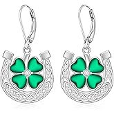 Shamrock Earrings for Women St Patricks Day Earrings Celtic Horseshoe Irish Leverback Four Leaf Clover Sterling Silver Green Dangle Drop Valentines Day Gift