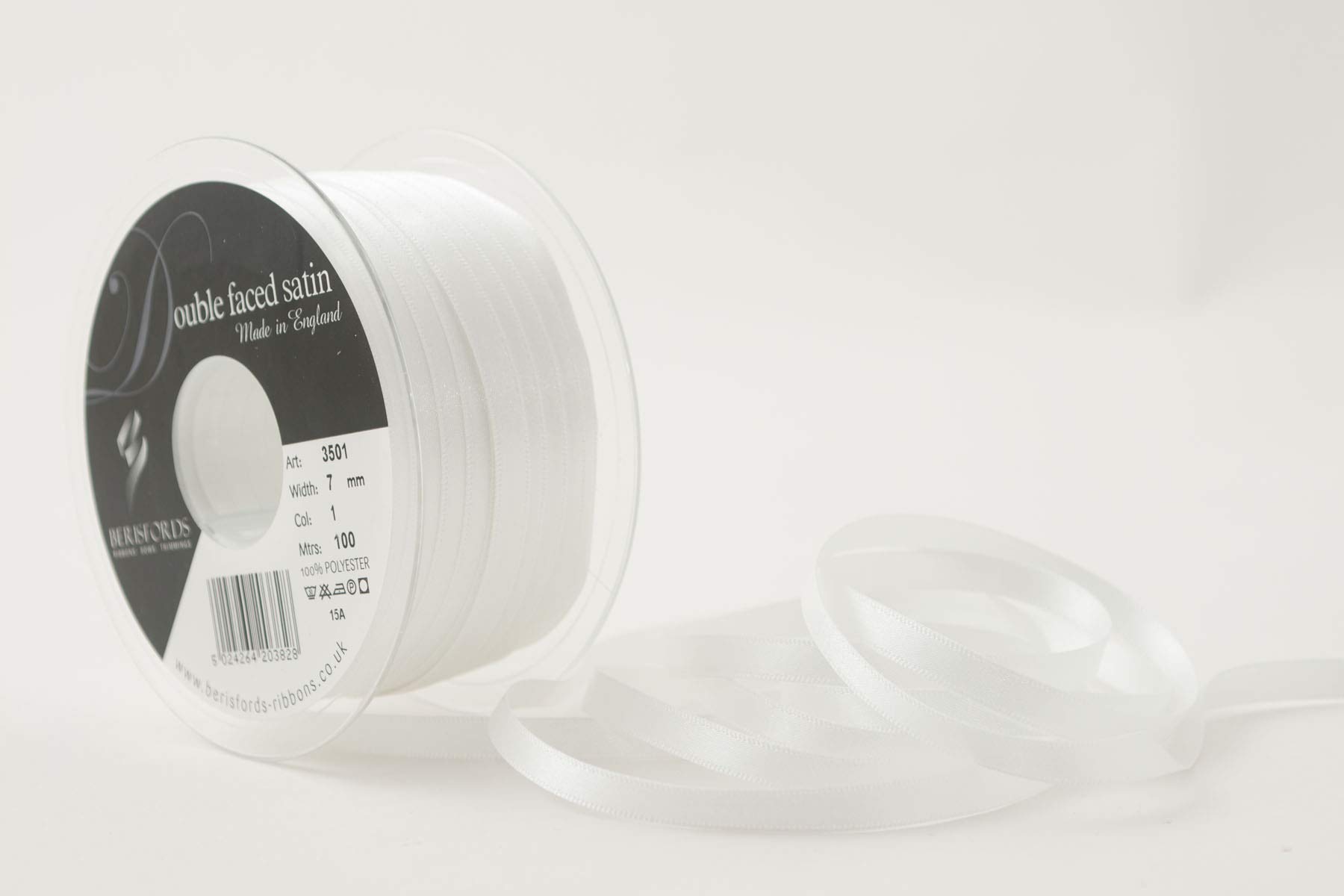 Berisfords 7 mm x 100 m Double Faced Satin Ribbon, White