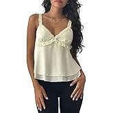 Amiblvowa Y2k Crop Tank Top Women Sexy Sleeveless Going Out Camisole Spaghetti Strap Satin Silk Low V Neck Backless Cami