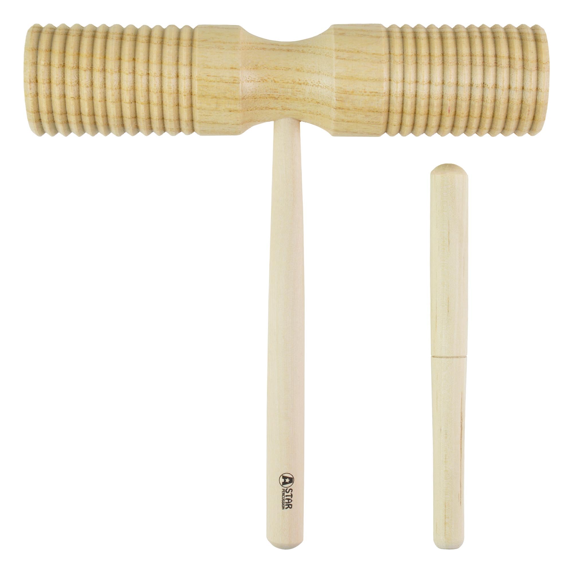 A-Star Two Tone Wood Block Guiro Scraper with Wooden Beater, Percussion Rhythm Block