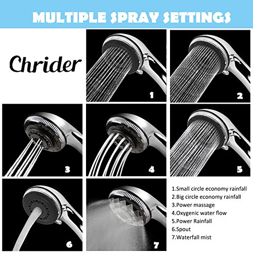 Chrider Handheld Shower Head, High Pressure 7 Spray Settings Luxury Showerhead, 60" Stainless Steel Hose and 3.2" Face , Adjustable Mount and Teflon Tape, Chrome Hand Held Finish
