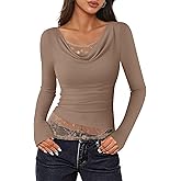 ZESICA Women's Fall Long Sleeve Tops 2026 Casual Cowl Neck Lace Slim Fit Going Out Y2k Knit Shirts Blouses