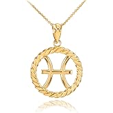 High Polish 14k Yellow Gold Roped Circle Zodiac Sign Personalized Pisces Pendant Necklace