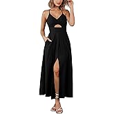 BTFBM Women 2026 Spaghetti Strap Midi Summer Dresses Sleeveless V Neck Cutout Slit Casual Beach Party Maxi Dress Pockets
