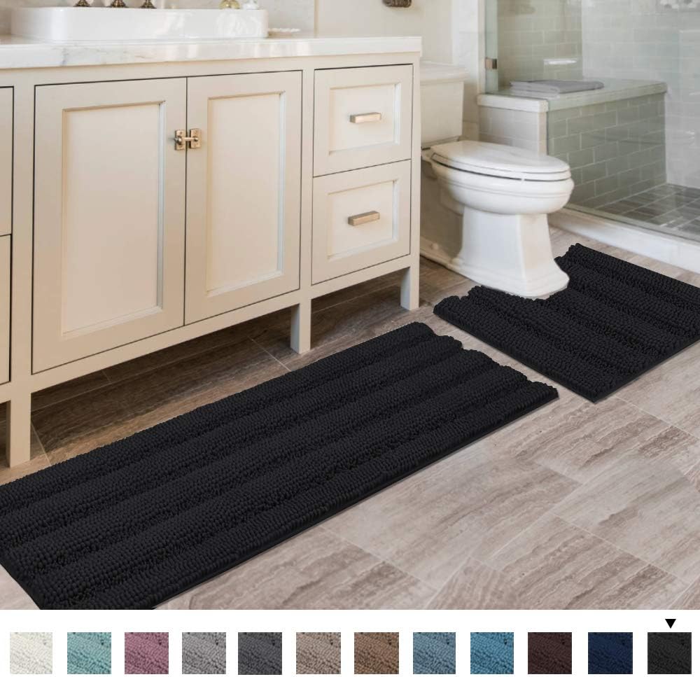 Bathroom Rugs Bath Mats Striped Shag Chenille Bathroom Rug Toilet Sets Non Slip Water-Absorbent Dry Fast Soft Microfiber Bath Contour Mat(47"x 17" and 20" x 20" U Shape, Black): Home & Kitchen