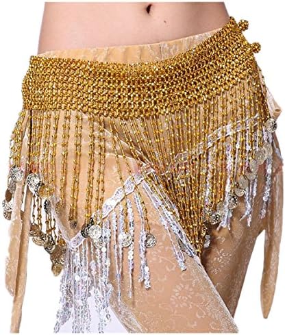 Belly Dancing Belt Waist Chain Hip Scarf Wrap Multi-Row Beads Tassels with Coins