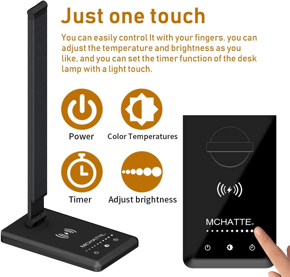 MCHATTE LED Desk Lamp with Wireless Charger, USB Charging Port, Dimmable Eye-Caring Desk Light with 5 Brightness Levels & 5 Lighting Modes, Touch Control, Auto Timer (Black): Home & Kitchen