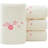 Pidada Hand Towels Set of 4 Embroidered Floral Pattern 100% Cotton Absorbent Soft Decorative Towel for Bathroom (Cherry Blossom Ivory)
