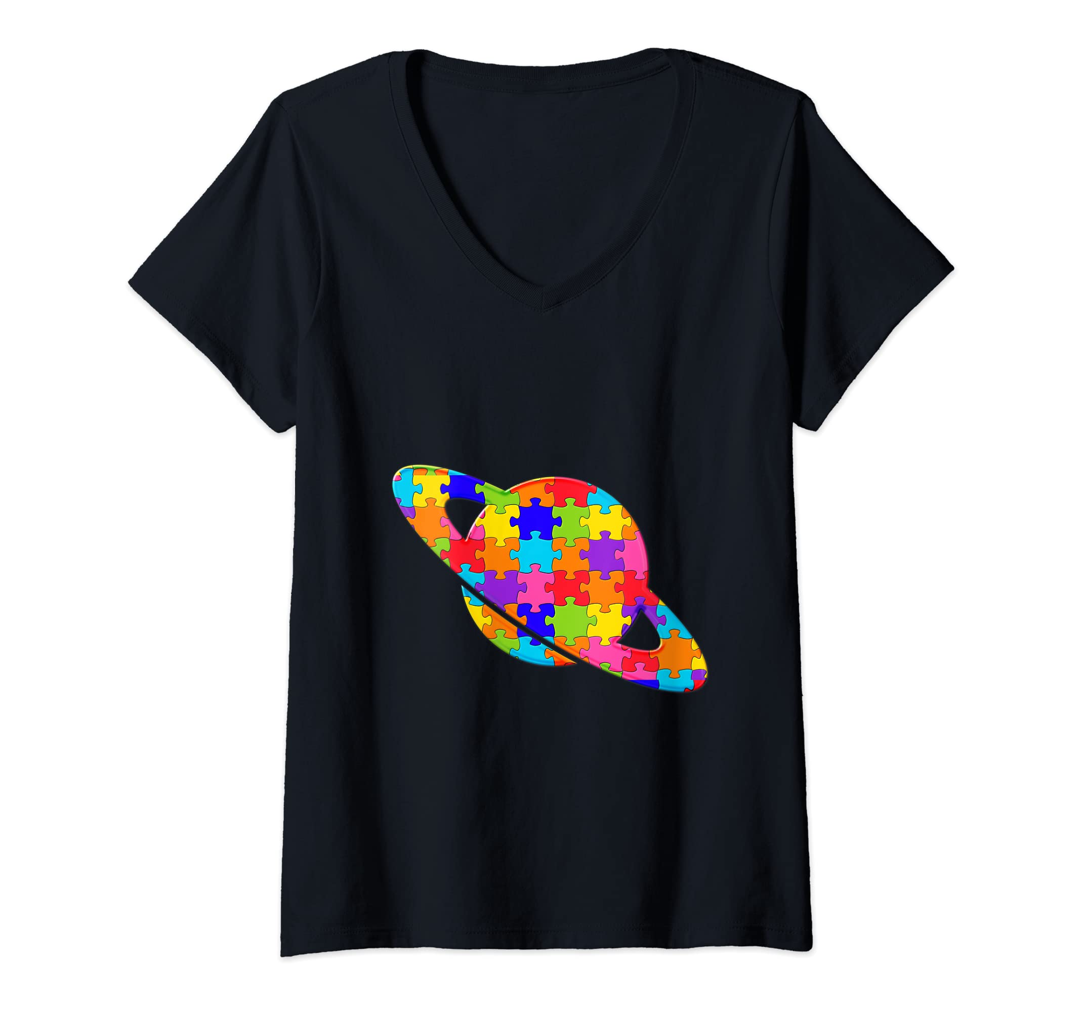 Womens Saturn planet, Ring Star Planet Jigsaw Autism Puzzle V-Neck T-Shirt