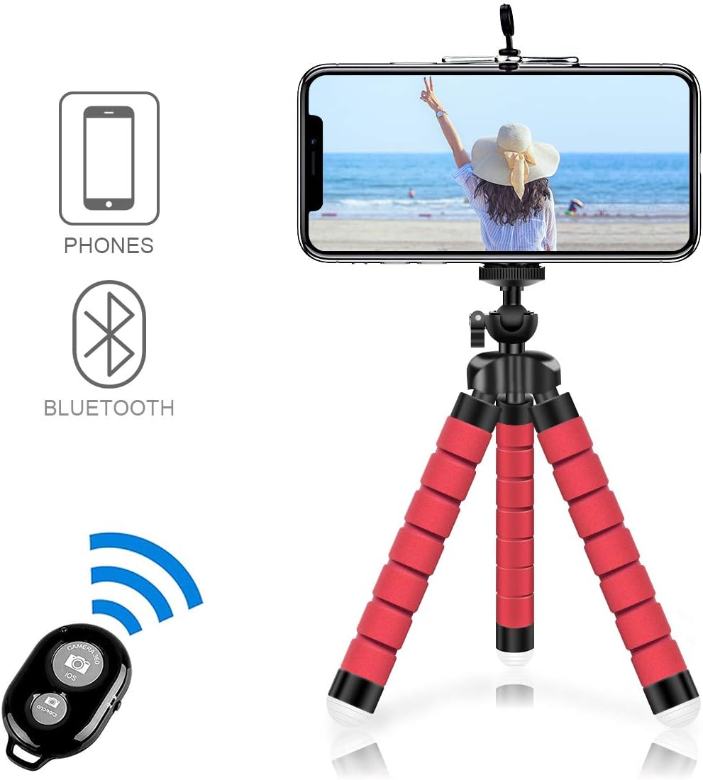 Alfort Selfie Stick Tripod, Flexible Mini Phone Tripod Portable Monopod Stand Holder with Bluetooth Wireless Remote System IOS/Android for iPhone 8/8 Plus/7/Galaxy S9, HonorP30/P20 (Red)