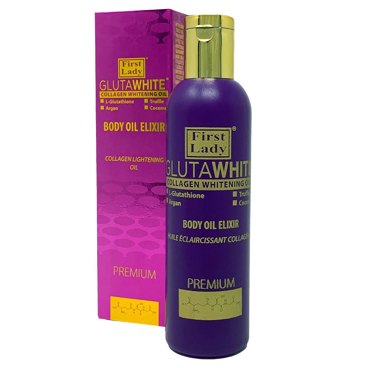 First Lady Glutawhite Collagen Skin Brightening Body Oil 200ml – Hydrating Glow Oil with Glutathione, Argan, Carrot, Lemon & Coconut Oils – Lightweight Moisturising Body Oil for Radiant Skin