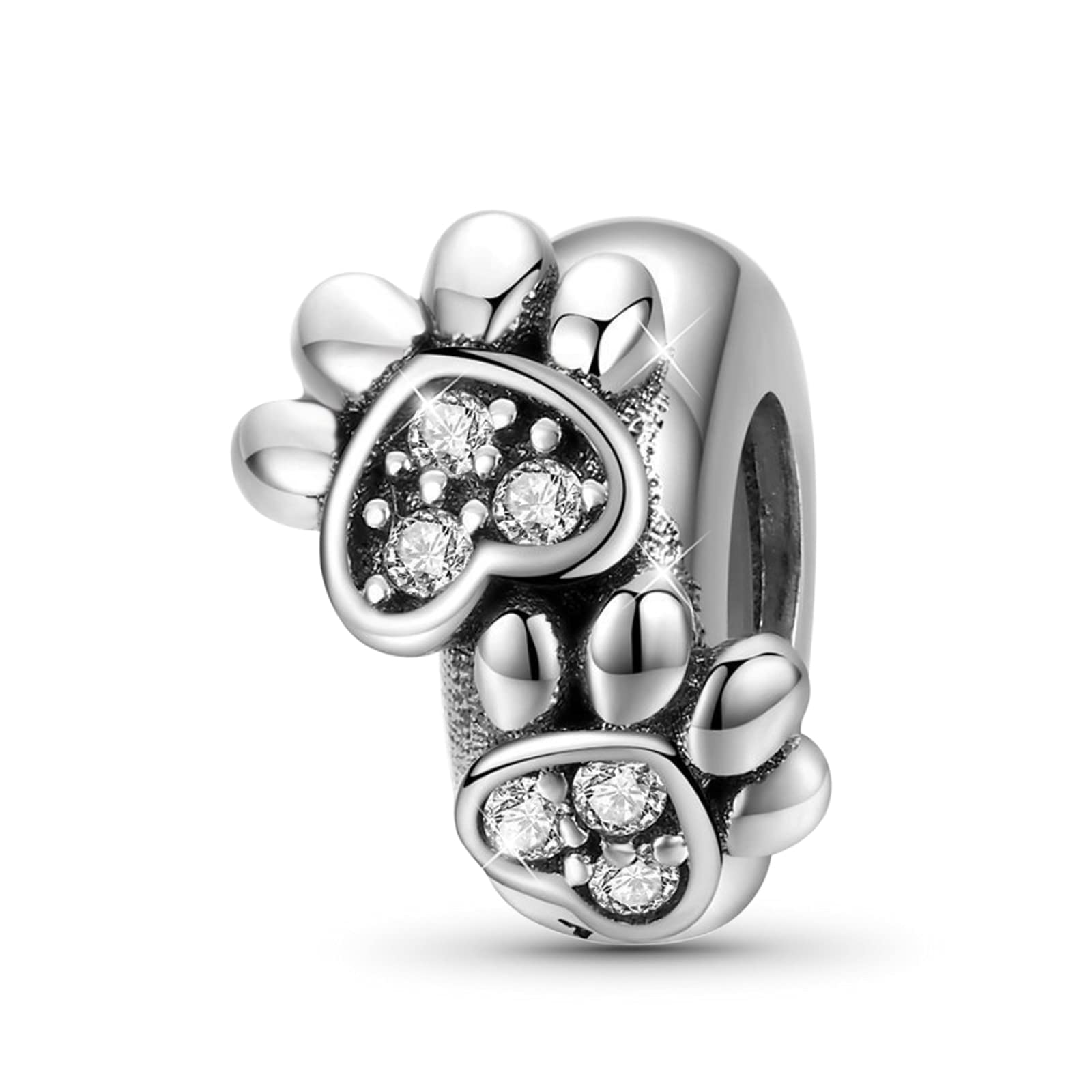 GNOCE Cute Paws Charm Bead Sterling Silver Charm Inlaid with Stones Fit Bracelet/Necklace for Women Girls Wife Daughter