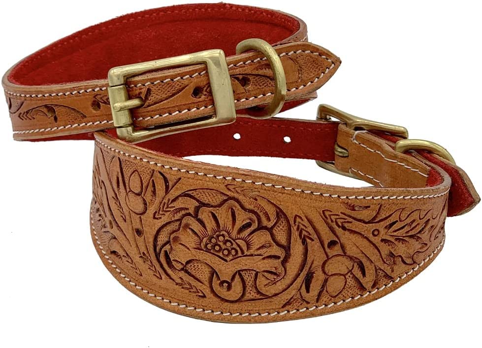 Leather Whippet Dog Collar Hand Tooled Carved Vegetable Tanned Leather Greyhound Saluki Hound Dog Collar (Neck Size 14 Inches to 16.1 Inches, Brown With Red Padding)