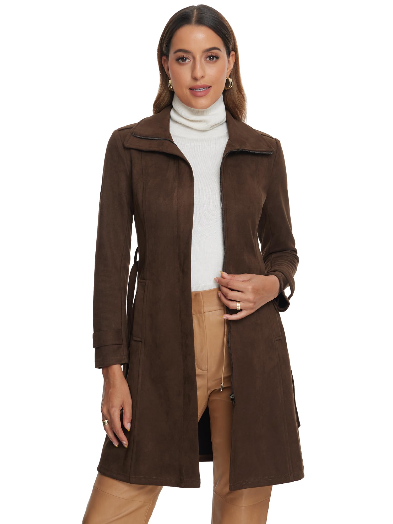 Photo 1 of Allegra K Faux Suede Coat for Women's Belted Long Zipper Jacket Large Coffee