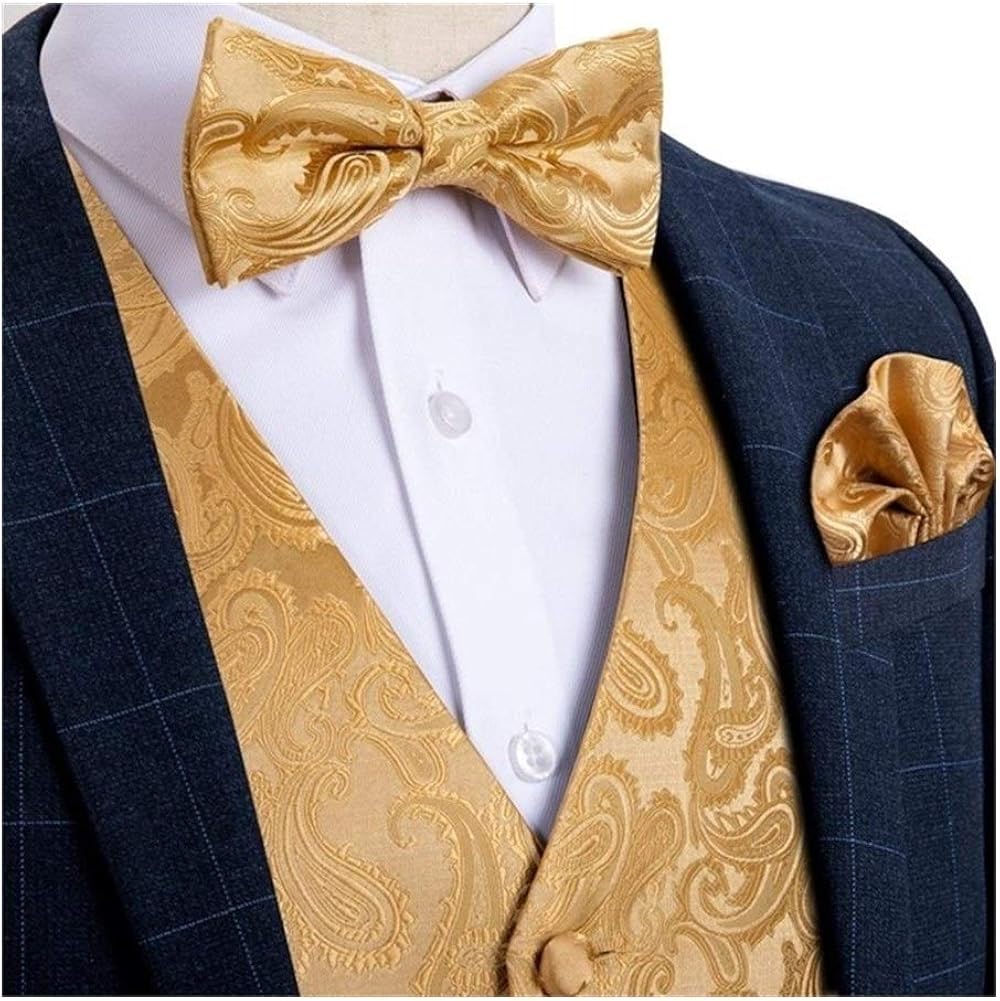 Men's Vest Gold Solid Silk Wedding Vest For Men Cufflink Cravat Set For