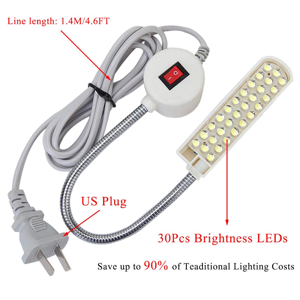HONG111 LED Sewing Machine Light (30LEDs - 2 Watt), Flexible Work Light Gooseneck Lamp with Magnetic Mounting Base for Lathes, Workbenches, Drill Press, Music Stands, Crafts