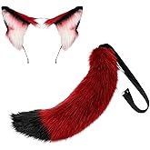 Merkaunis 2 Pcs Claret Red Wolf Ears and Tail Set, Cat Ears Headband Wolf Fox Tail Set, Handmade Cosplay Fox Costume for Halloween Party Costume Accessories, Masquerade Balls