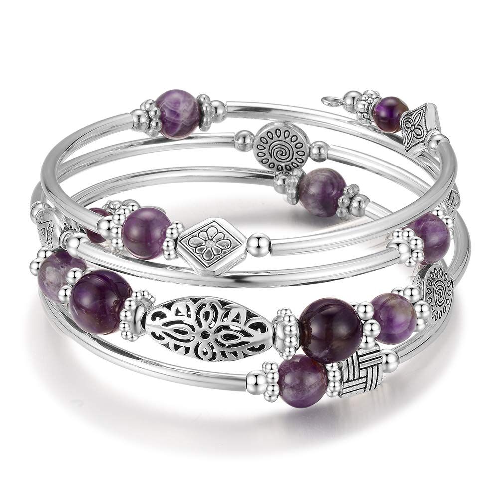 BULINLIN Beaded Silver Bangle Wrap Bracelet for Her, Layered Bohemian Bracelets with Natural Stone, Jewellery Gifts for Women Ladies(Amethyst)
