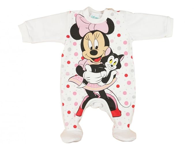 Mädchen Baby-Strampler mit Füßchen GEFÜTTERT, Minnie Mouse mit Katze in GRÖSSE 56, 62, 68, 74, Baby-Schlafanzug LANG-ARM mit 