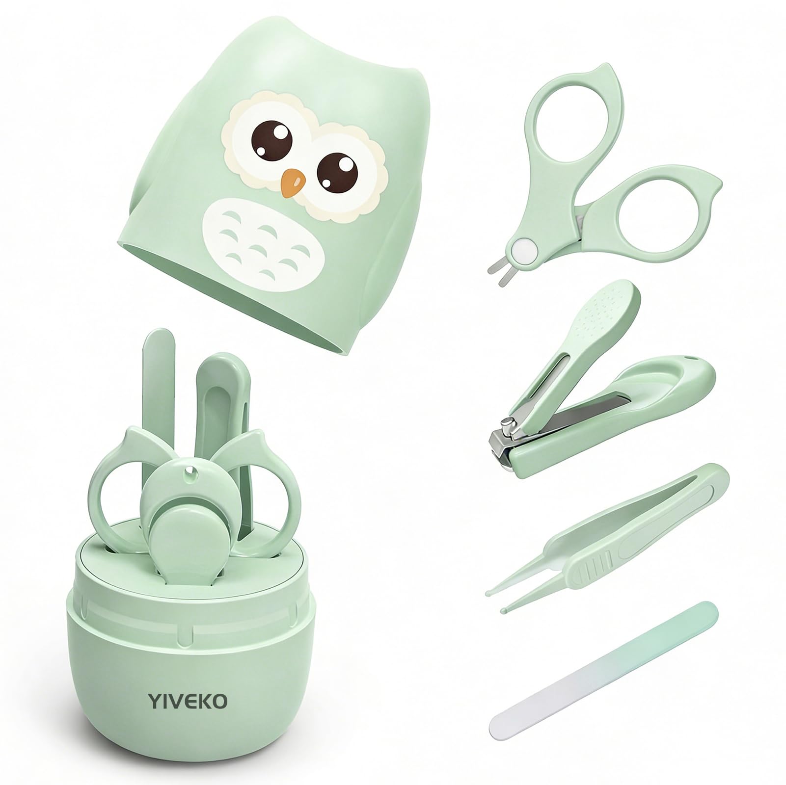 YIVEKO Baby Nail Kit, 4-in-1 Baby Nail Care Set with Cute Case, Baby Nail Clippers, Scissors, Nail File & Tweezers, Baby Manicure Kit and Pedicure kit for Newborn, Infant, Toddler, Kids-Owl Green