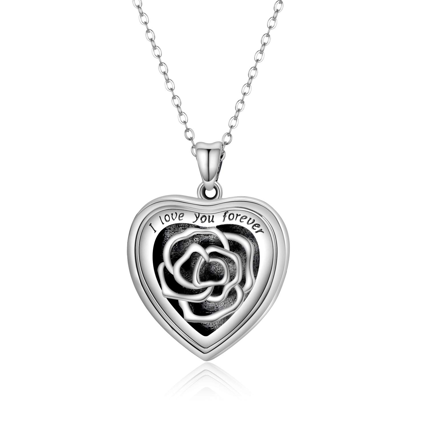 SOULMEET 925 Sterling Silver Heart Shaped Locket Necklace Rose Pendant Jewelry Flower locket I Love You Forever Gift for Women Girls Birthday Christmas Mother's Day — image 1