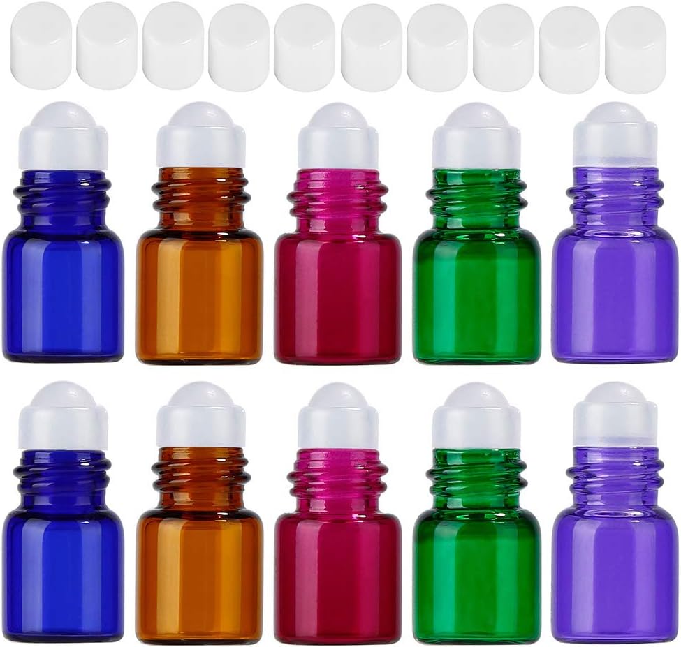 10PCS Pretty Essential Oils Bottles with Roller Balls, Glass Refillable Bottles Container for Fragrance,Essential Oil,Aromatherapy,Perfumes size 2ml (Multi color Set 6)