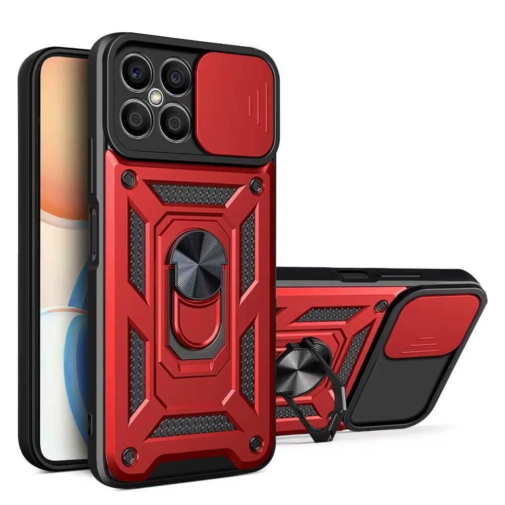 Bnvdfre for Honor X6b Case with Camera Cover Slider Magnetic Ring Stand Holder Protective Heavy Duty Shockproof Silicone Hard Armour Military Case for Honor X6b,Red