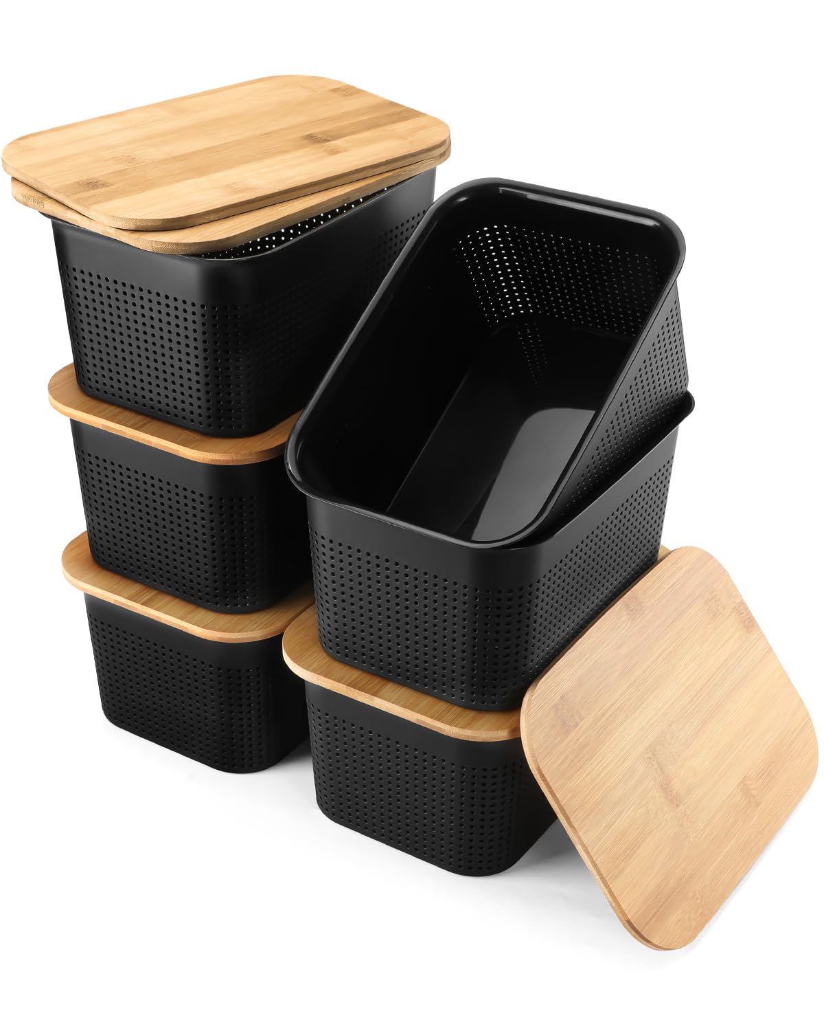 Photo 1 of NEATJELAI Storage Bins With Lids 6 Packs Plastic Storage Containers With Bamboo Lids Stackable Storage Baskets for Organizing Desktop Closet Playroom Classroom Office,Black,10.8" L x 7.3" W x 5.1" H