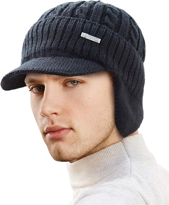 LCZTN Mens Outdoor Winter Visor Beanie Hat with Earflaps
