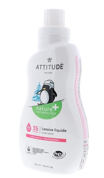 ATTITUDE BABY LAUNDRY DETERGENT, EWG VERIFIED, PLANT AND MINERAL-BASED FORMULA, HE COMPATIBLE, VEGAN HOUSEHOLD PRODUCTS, UNSCENTED, 35 LOADS, 35.5 FL OZ
